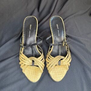 DKNY Raffia Leather Woven Kitten Heel Sandals- Runs small